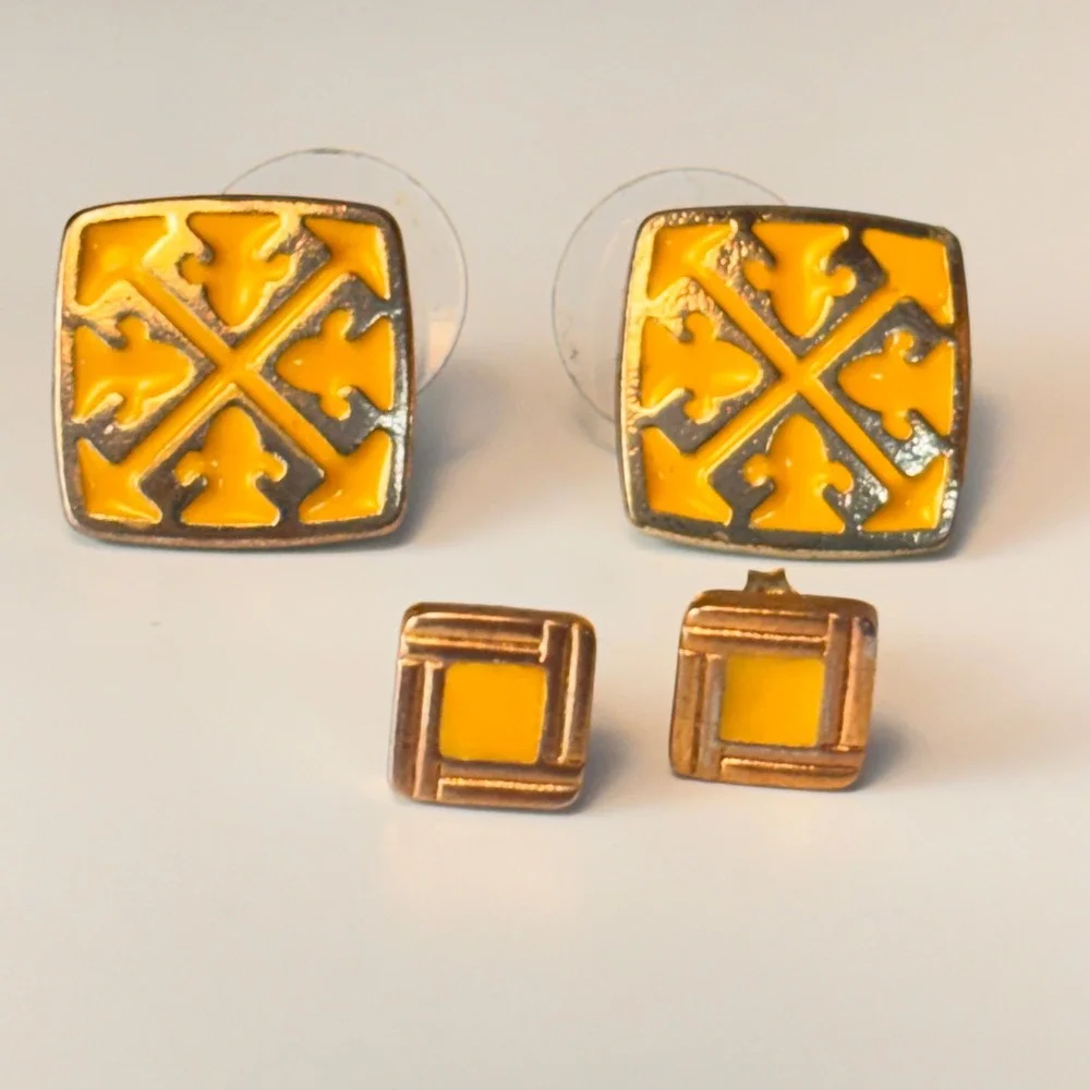 Square Stud Earrings Yellow Gold Tone Enamel Geometric Boho Statement Set 2 Pair